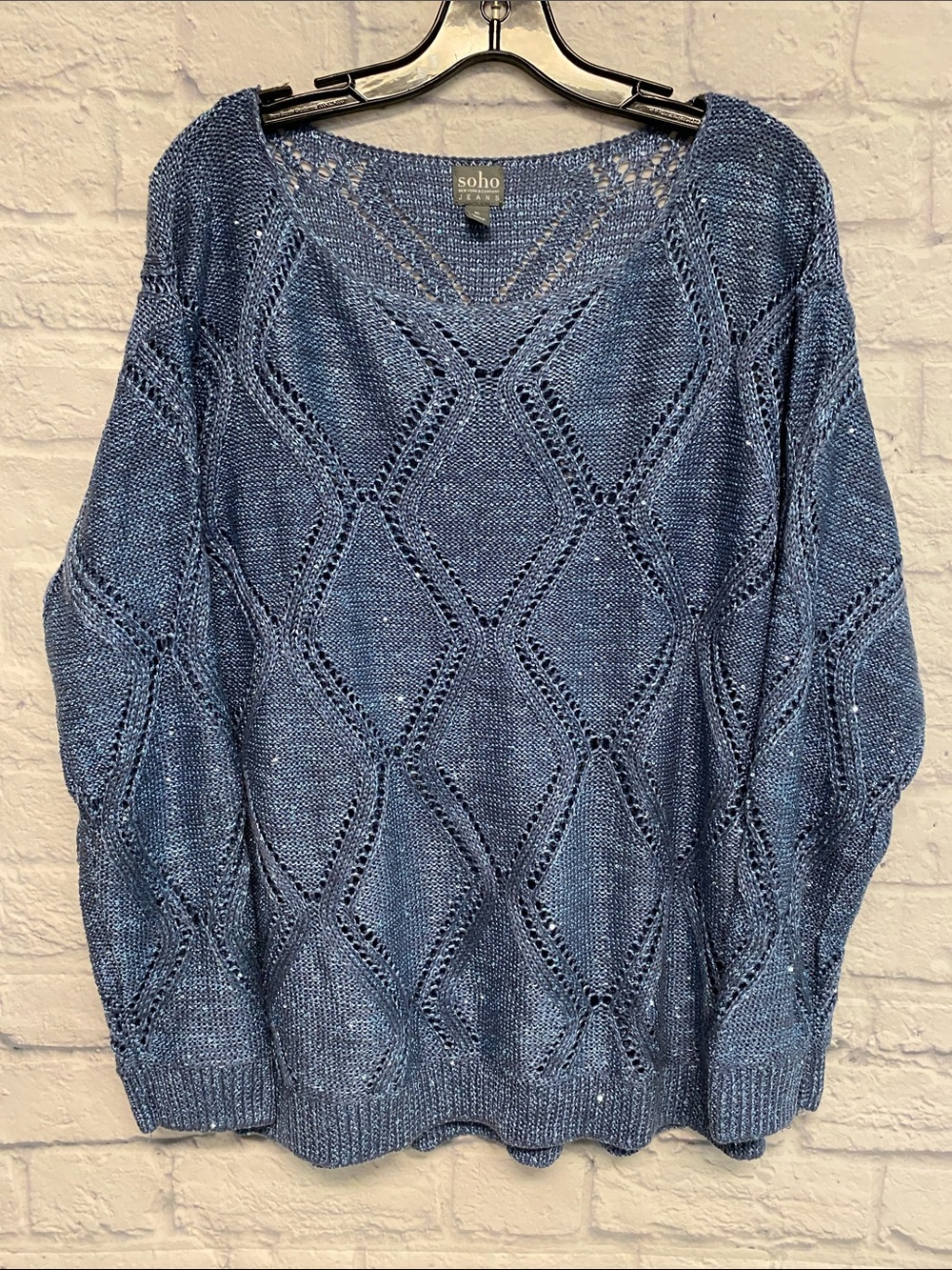 Soho Denim-Blue Sequin Diamond Open Knit Sweater Size XL
